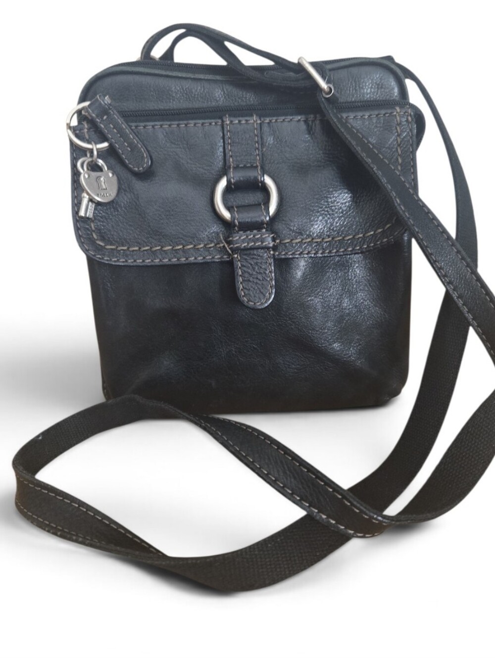 Vintage Fossil Black Leather Crossbody Organizer Bag Y2K Soft Flap